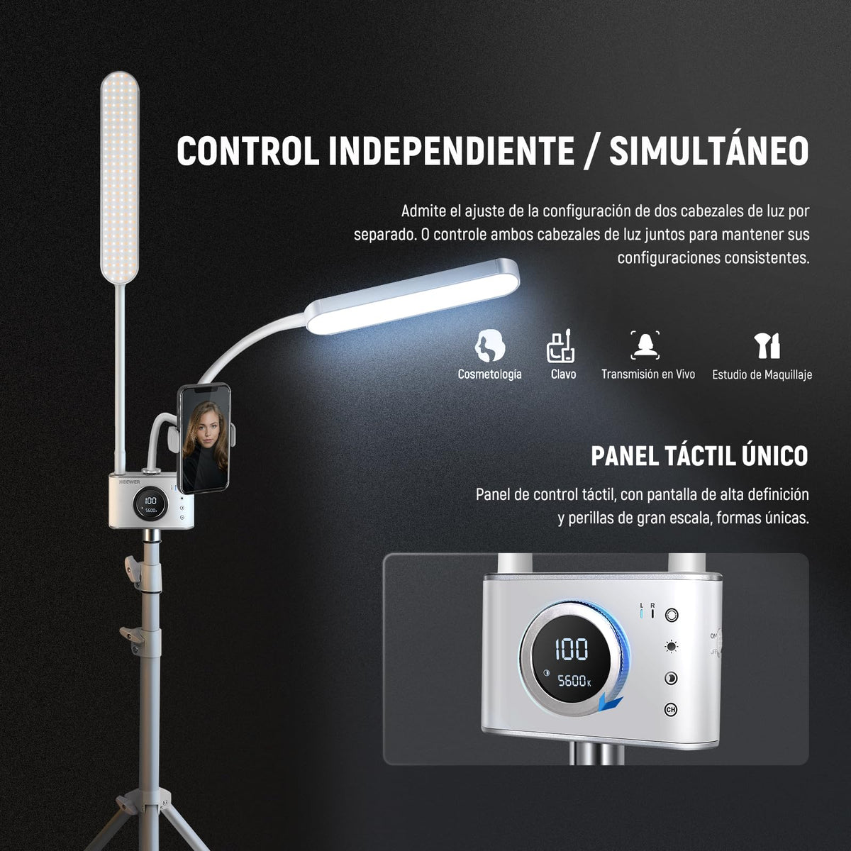 NEEWER Iluminación Fotografía Bicolor con Soporte para Celular, Compatible con 2.4G/PC/Mac y Control de 2 Cabezal Luz Video, Lámpara con Doble Brazo para Maquillaje, Pestañas, Cejas, Tatuajes, BH40B