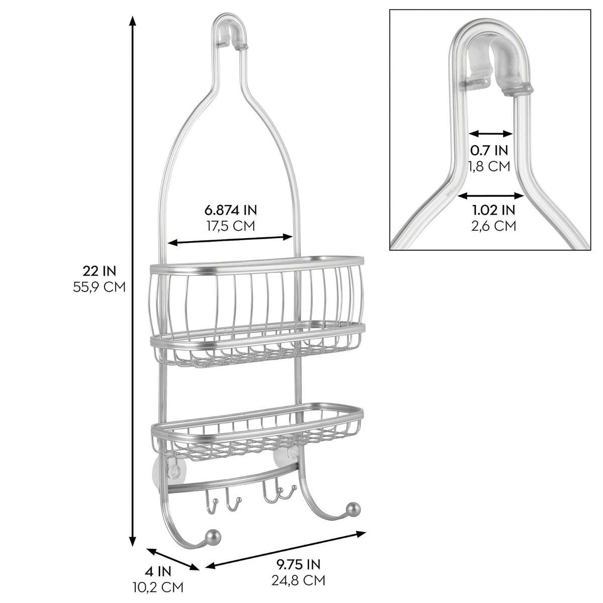 InterDesign York Lyra Shower Caddy, Satin | Espacio extra amplio, 9.75 x 4 x 22 pulgadas, ganchos para maquinillas de afeitar, toallas, champú, acondicionador, jabón