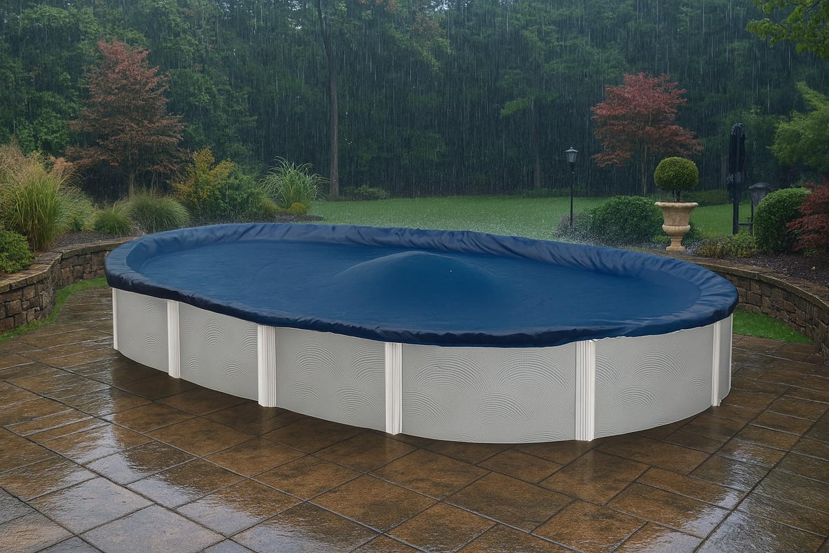 Cubierta de invierno para piscina, cubierta de invierno de 8 x 12 pies, ovalada, azul sólido, incluye cabrestante y cable para una fácil instalación, resistencia y durabilidad superiores, tratada para