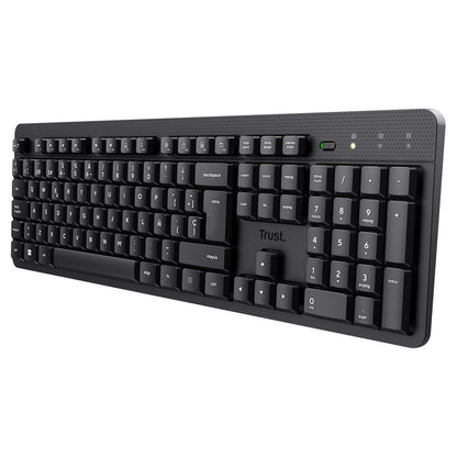 Trust ODY II Teclado Inalámbrico Silencioso QWERTY Español, Negro | Resistente a Derrames, Tamaño Completo, Receptor USB, Ideal para Oficina, Compatible con PC/Laptop/Windows/MacOS