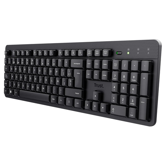 Trust ODY II Teclado Inalámbrico Silencioso QWERTY Español, Negro | Resistente a Derrames, Tamaño Completo, Receptor USB, Ideal para Oficina, Compatible con PC/Laptop/Windows/MacOS