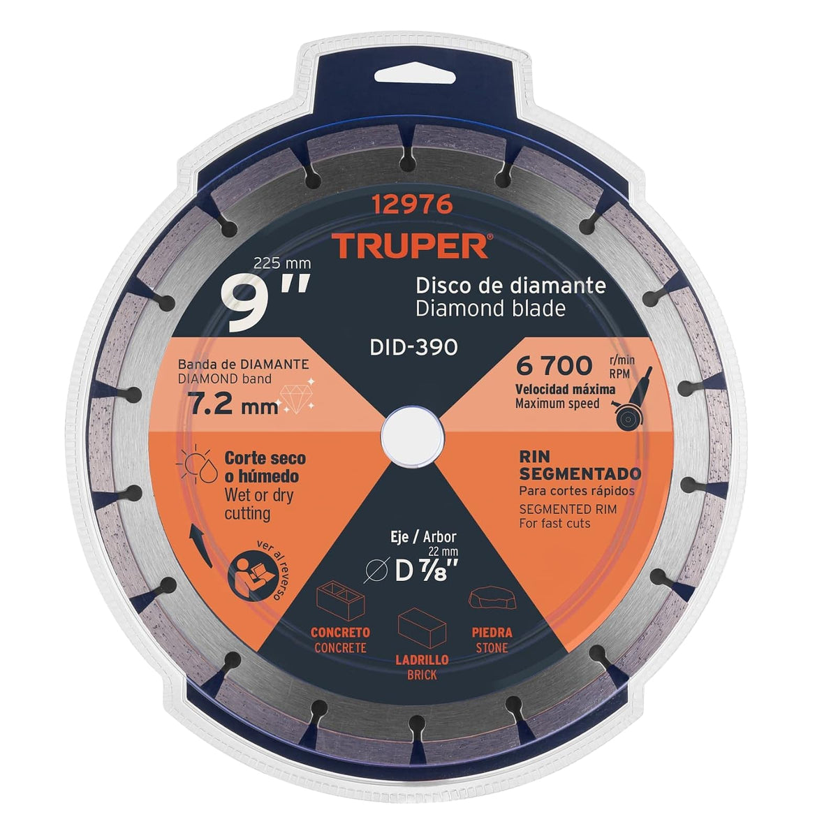Truper DID-390, Disco de diamante de 9" x 2.7 mm, rin segmentado