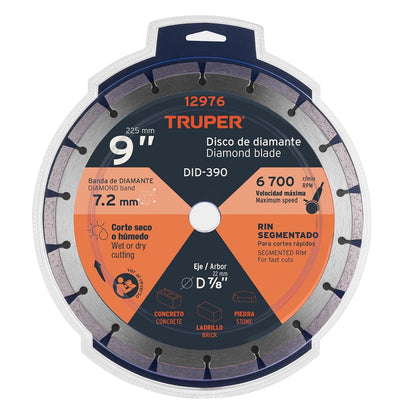 Truper DID-390, Disco de diamante de 9" x 2.7 mm, rin segmentado
