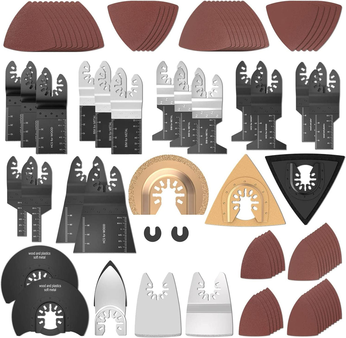 Protoiya - 87 cuchillas oscilantes para herramientas de madera, metal, plástico, de liberación rápida, multiherramienta oscilante, accesorios con papel de lija compatible con Dewalt, Milwaukee,