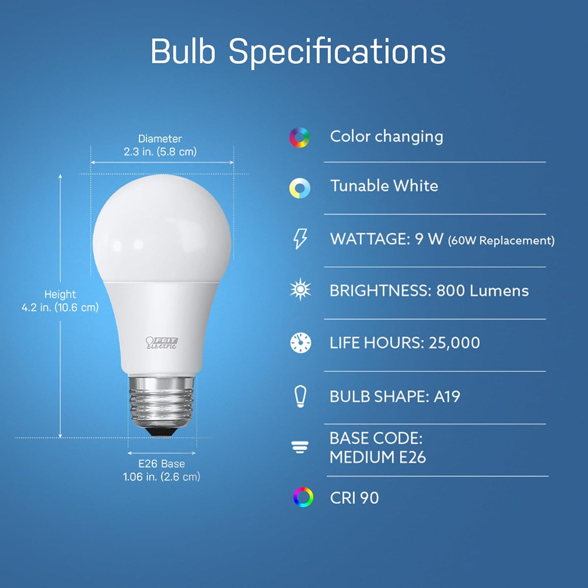 Feit Electric OM60/RGBW/CA/AG/3 60 W Equivalente a WiFi de color cambiante y ajustable, blanco, regulable, no requiere concentrador, Alexa o Google Assistant A19 LED Smart Light Bulb, paquete de 3