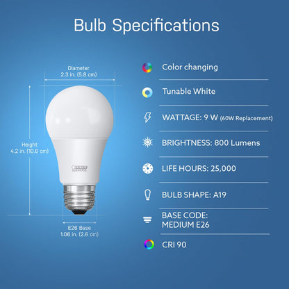 Feit Electric OM60/RGBW/CA/AG/3 60 W Equivalente a WiFi de color cambiante y ajustable, blanco, regulable, no requiere concentrador, Alexa o Google Assistant A19 LED Smart Light Bulb, paquete de 3