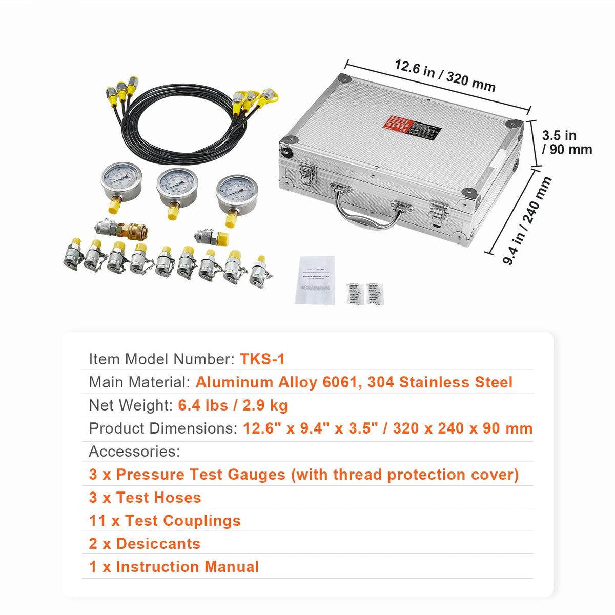 Kit de prueba de presión hidráulica, 250/400/600bar, 3 calibradores, 11 acoplamientos de prueba, 3 mangueras de prueba, juego de medidores de prueba hidráulica para excavadoras con estuche de