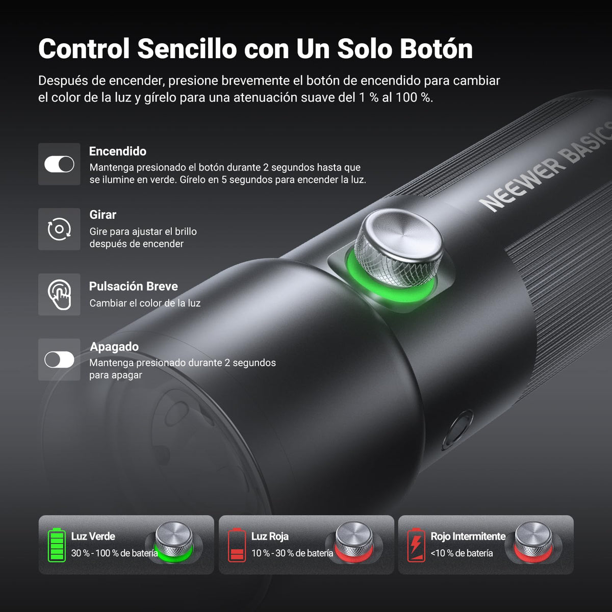 NEEWER Basics RGB Linterna Fotografía Flashlight,4 Color/20 Filtro Gobo/CRI95+/7500 mAh,10W 6300K Foco LED Portátil Vídeo Ambiental Aluminio Efecto Atardecer para Iluminación Estudio Grabación, FL10