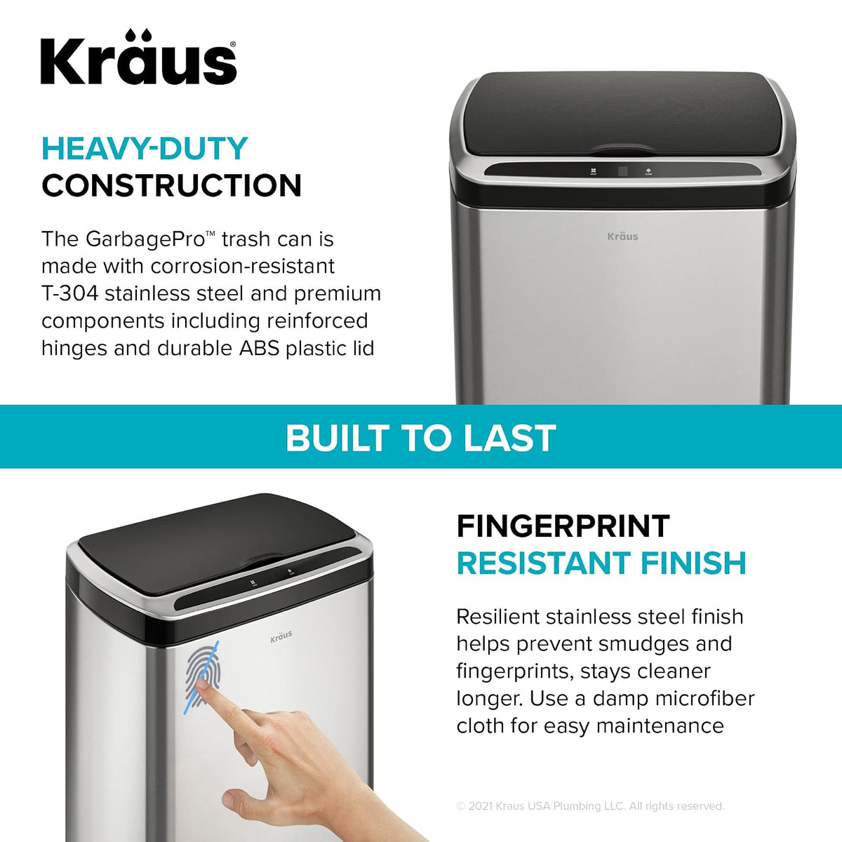Kraus GarbagePro - Bote de basura rectangular de 13 galones con sensor de movimiento manos libres funciona con pilas en acabado negro mate con tapa SoftShut Touchless, KTCS-10MB