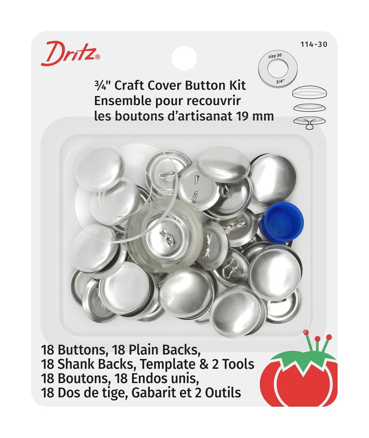 Dritz Kit de Botones de Cubierta para Manualidades 114-30 con Herramientas, tamaño 30-3/4 Pulgadas, 18 Juegos