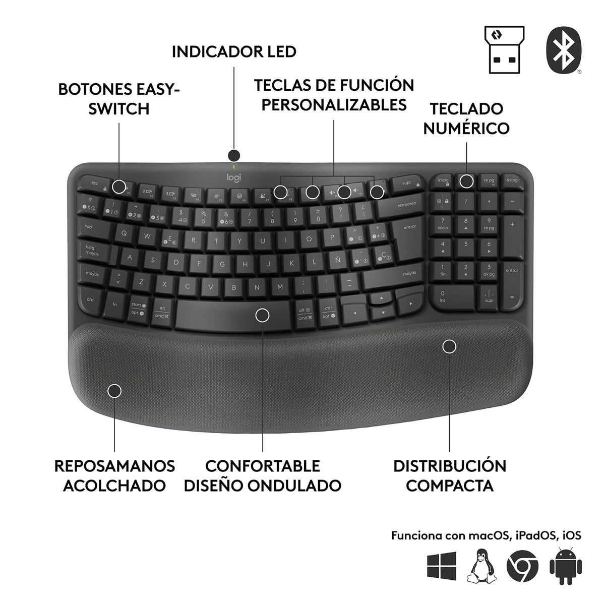 Logitech Wave Keys for Business, Teclado ergonómico inalámbrico con reposamanos Acolchado, tecnología Logi Bolt Segura, Bluetooth, Compatible con Windows/Mac/Chrome/Linux - Grafito