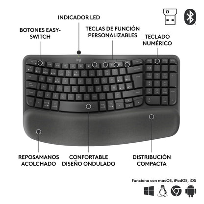 Logitech Wave Keys for Business, Teclado ergonómico inalámbrico con reposamanos Acolchado, tecnología Logi Bolt Segura, Bluetooth, Compatible con Windows/Mac/Chrome/Linux - Grafito