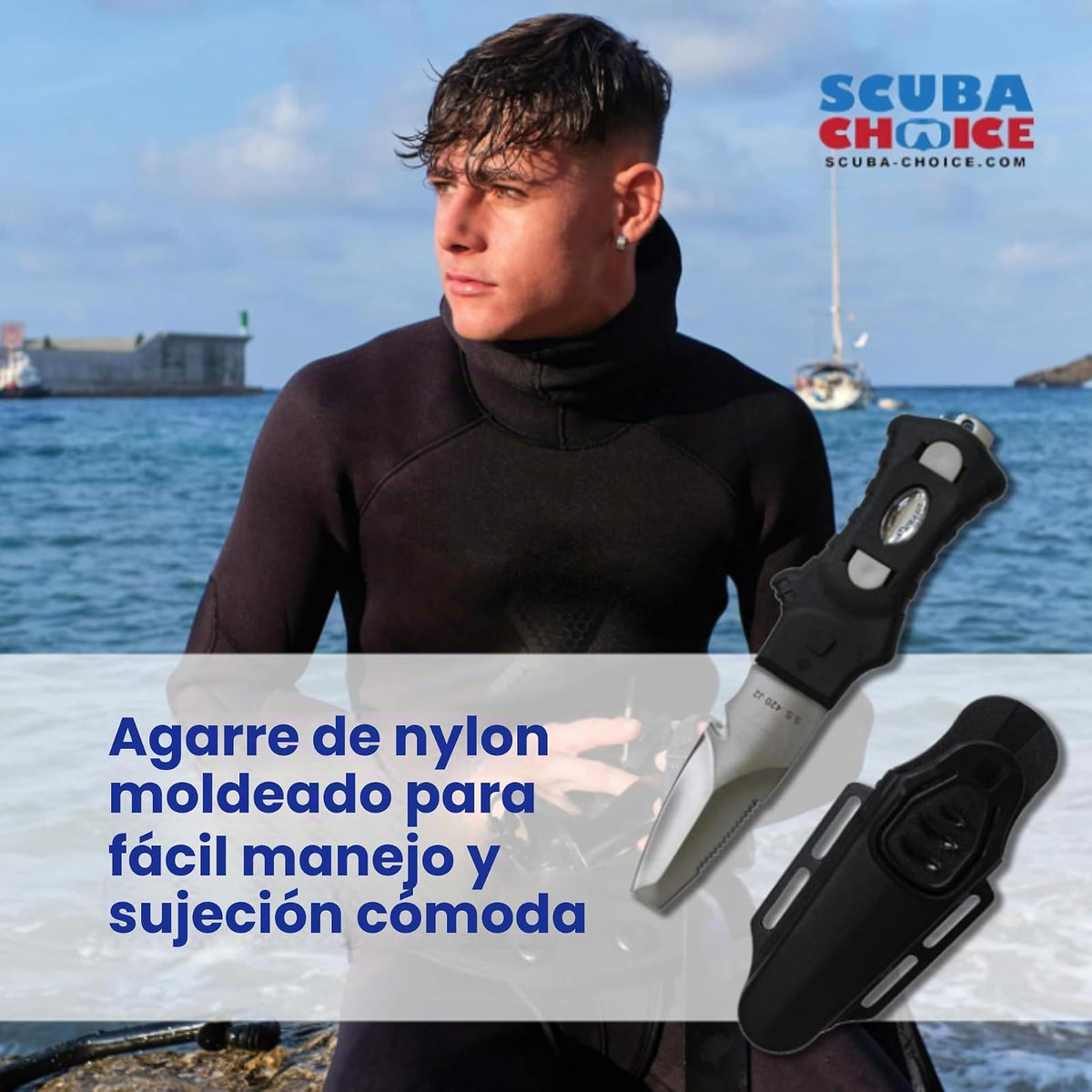 Scuba Choice Cuchillo Buceo Acero Inoxidable Punta Roma 9 Pulgadas | Punta roma, hoja 2.3 pulgadas, mango ergonómico, 7 pulgadas total, para buceo y esnórquel