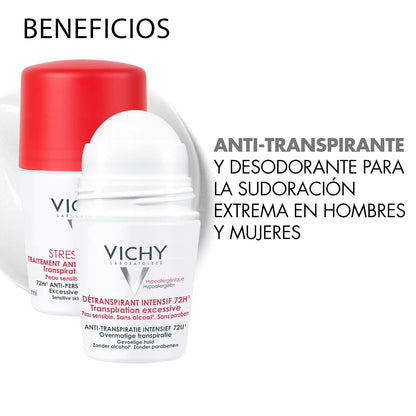 Vichy Deo Stress Resist Desodorante, Anti-transpirante para Sudoración Excesiva en Roll-On, para Todo Tipo de Piel Incluso Sensible, con Perlita y Agua Volcánica de Vichy, Mejora la Piel Seca, 50 ml