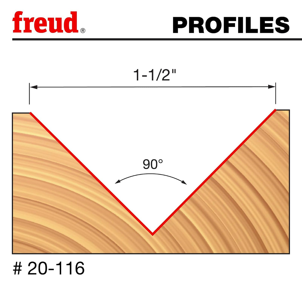 Freud 20-100 Broca de 1/4" de diámetro para tallado V a 90 grados, con vástago de 1/4", 20-116, 1-1/2 pulgadas diámetro 90 grados punta de ranurado en V con vástago de 1/2 pulgadas, Revestimiento rojo Perma-Shield®