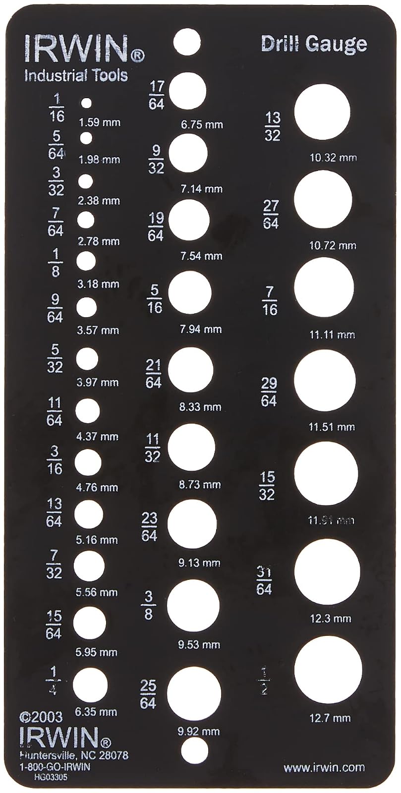 IRWIN Calibre de broca de 1/16 a 1/2 pulgadas, 29 agujeros (12092)