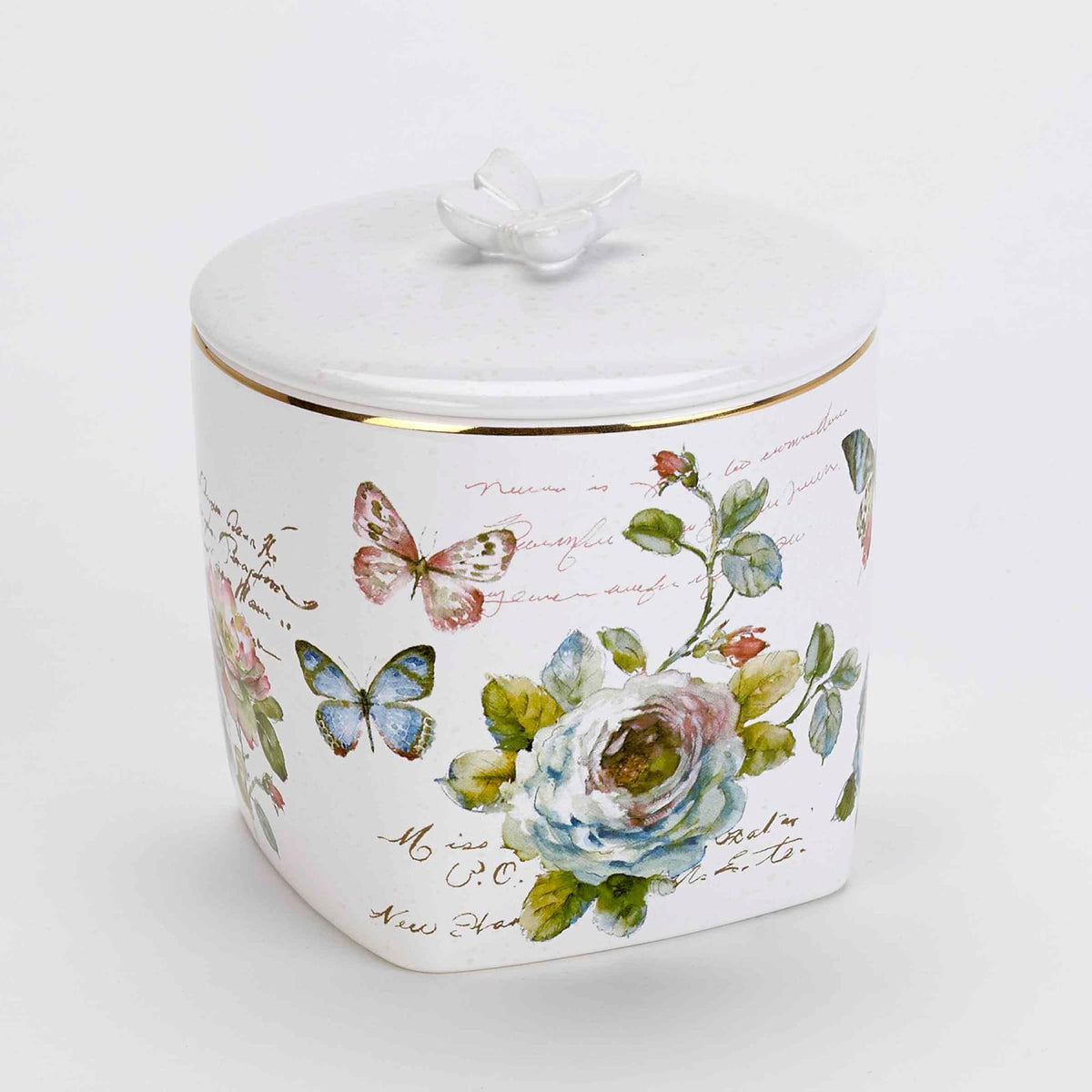 Avanti Linens - Tarro Cubierto, Organizador Multiusos, decoración de baño de cerámica (colección de jardín de Mariposas), Color Blanco