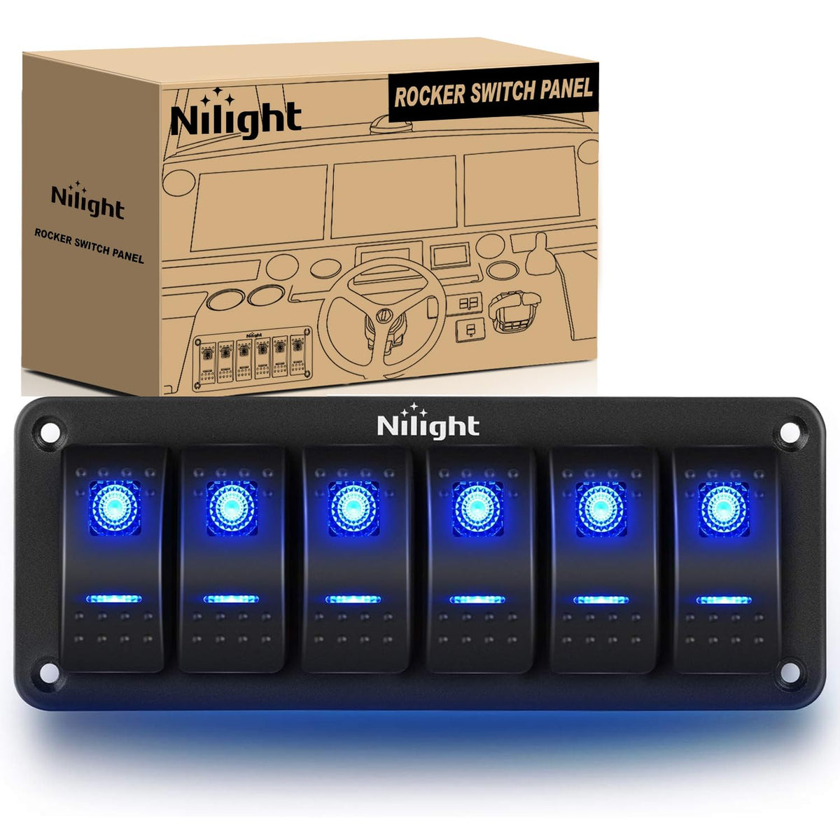 Nilight-90111F - Panel de interruptor de aluminio de 6 bandas, interruptor de 5 pines, interruptor precableado, interruptor retroiluminado azul para automóvil, automóvil, barco, RV, 2 años de garantía