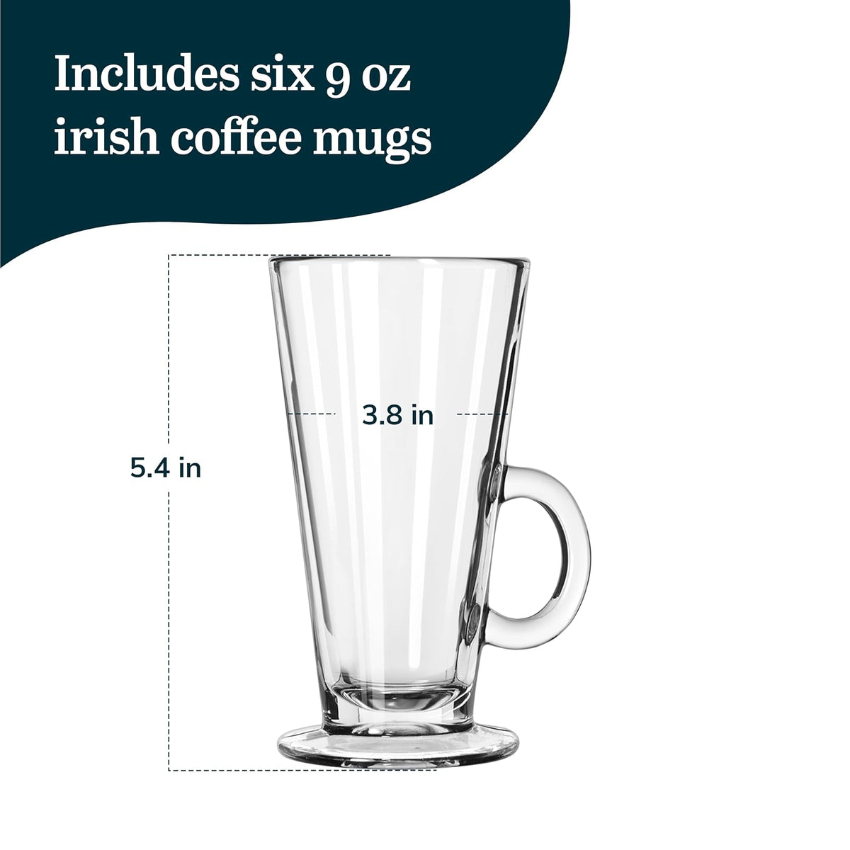 Libbey Catalina - Juego de 6 tazas de café irlandesas atemporales de vidrio con borde elevado, tazas de café de 9 onzas, elegantes tazas transparentes para café, batidos y más