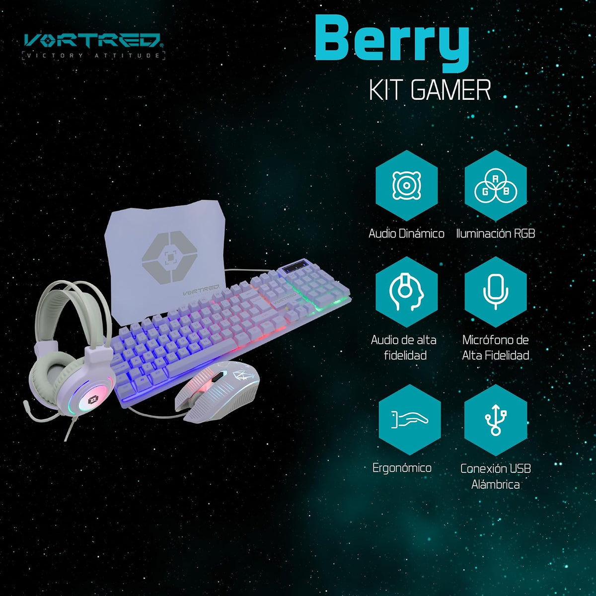 Vortred Kit Gamer 4 en 1, Teclado, Mouse, Audífonos, Mouse Pad, Morado, Gaming Berry