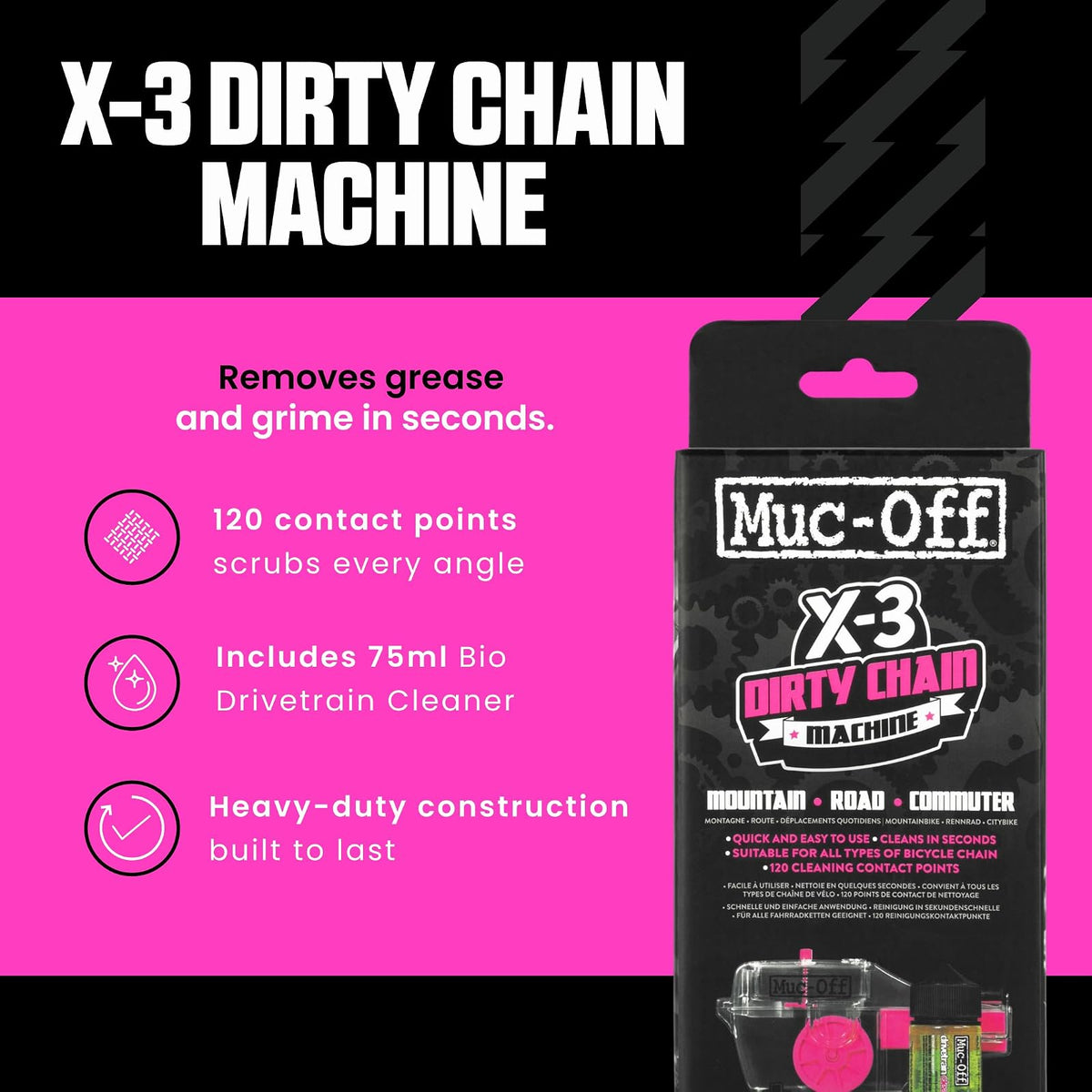 Muc-Off X-3 Máquina de Limpieza de Cadena de Bicicleta con Botella de Limpiador de 75 ml, Amarillo, 277US