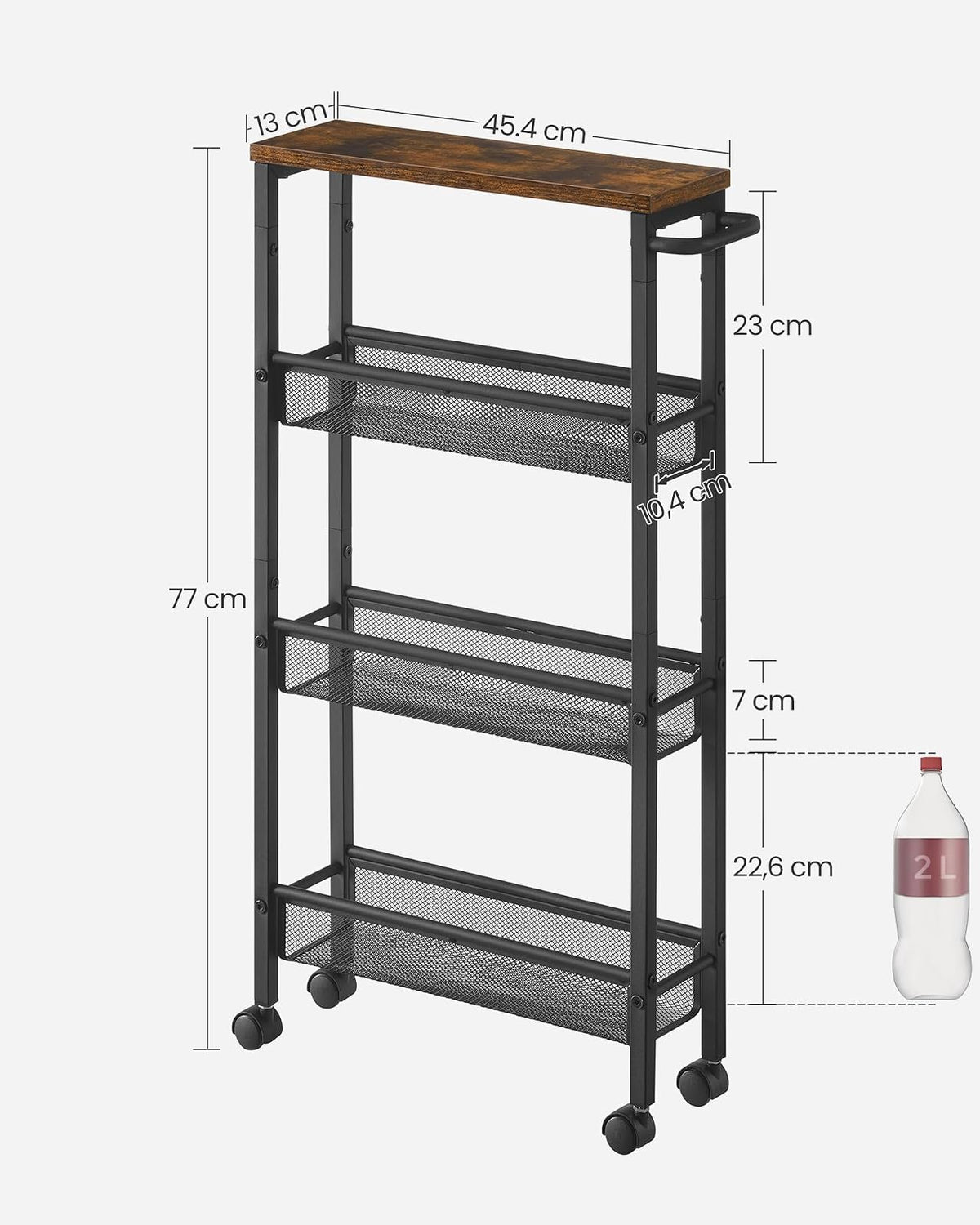 VASAGLE Carrito Organizador Slim de 4 Niveles con Ruedas y Asa, Estante Estrecho para Cocina, Baño y Oficina, 45.4x13x77 cm MLRC032B01