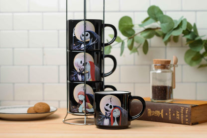 Silver Buffalo: Juego de 4 tazas de cerámica Nightmare Before Christmas Jack y Sally, 10 onzas, paquete de 4 tazas de cerámica, juego de 5 piezas
