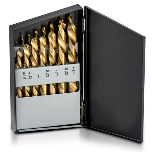 NEIKO 10037A - Juego de brocas para mano izquierda, brocas de acero de alta velocidad con revestimiento de nitruro de titanio, brocas de torsión inversa, tamaños SAE, juego de 15 piezas