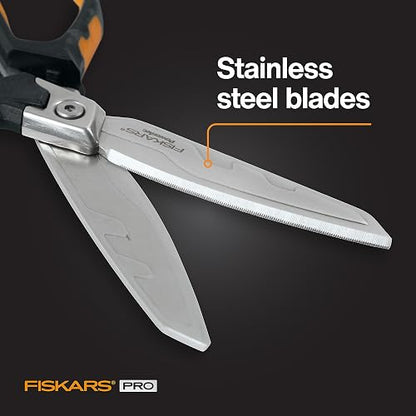 Fiskars Pro PowerArc Tijeras de Acero Inoxidable 10 Pulgadas | Las cuchillas PowerArc hacen que los cortes sean más fáciles, aislamiento de corte industrial, cinta adhesiva, cartón, cuerda