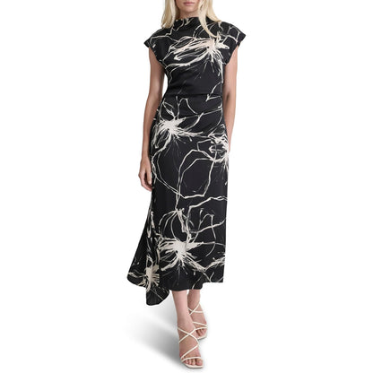 DKNY Sleeveless Mock Neck Ruched Bodice Asymmetrical Hem Maxi Dress Vestido Mujer