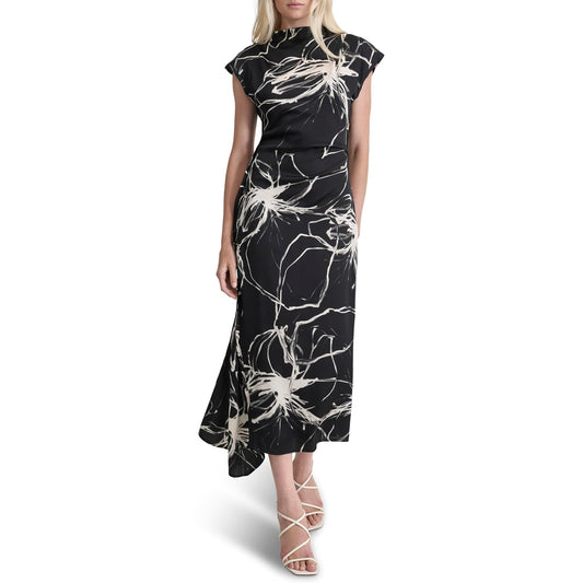DKNY Sleeveless Mock Neck Ruched Bodice Asymmetrical Hem Maxi Dress Vestido Mujer