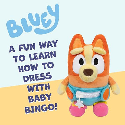 Dress & Play Baby Bingo Bluey Felpa, botón, Cierre, Hebilla y Corbata, Aprender a Vestir muñecas para niños pequeños a Partir de 3 años, Juguete de Cierre para bebé