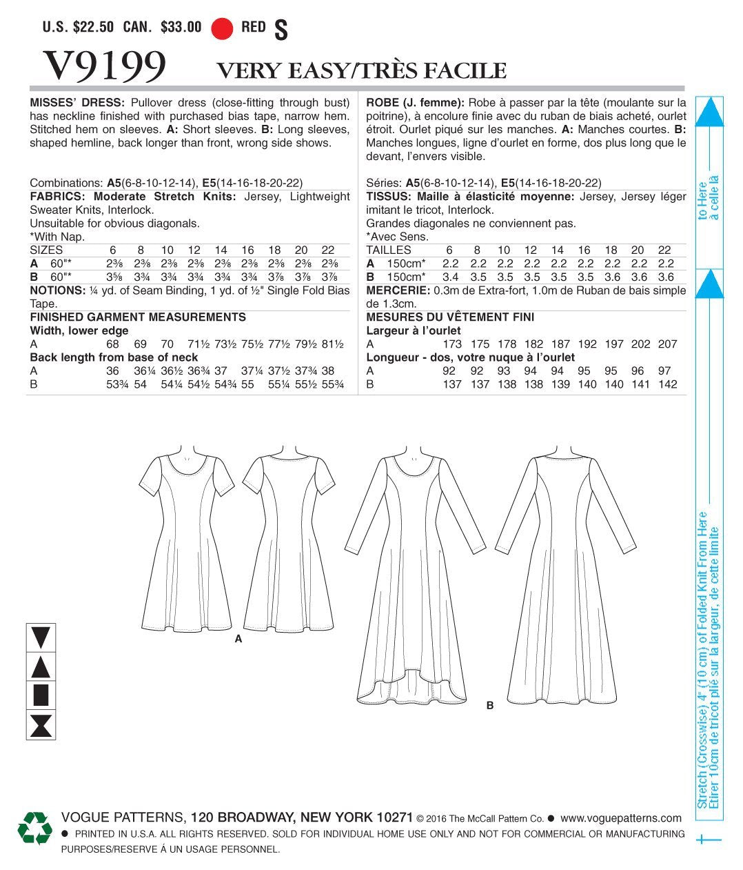 Vogue Patterns - Vestido de punto para mujer, estampado de costura, talla 14-16-18-20-22, rojo