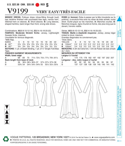 Vogue Patterns - Vestido de punto para mujer, estampado de costura, talla 14-16-18-20-22, rojo