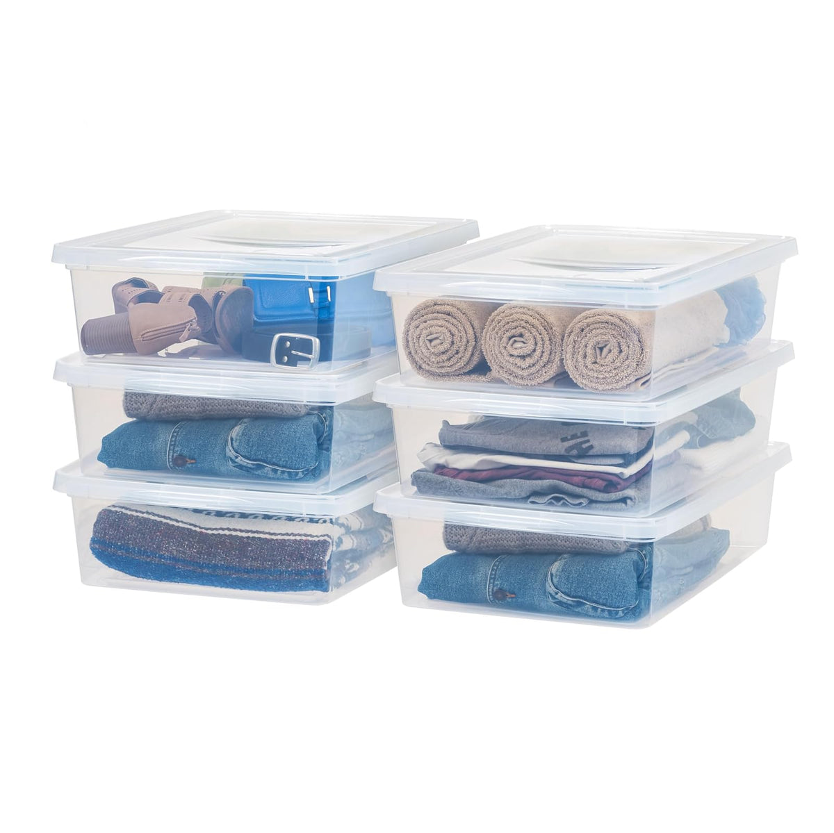 IRIS USA 6 Contenedores de 58 Qt con Tapa, Transparentes, Apilables | Ideal para mudanzas, cobijas, ropa y garaje. Diseño transparente y anidable para encontrar todo fácilmente. - Transparente - 26 L - Paquete de 6
