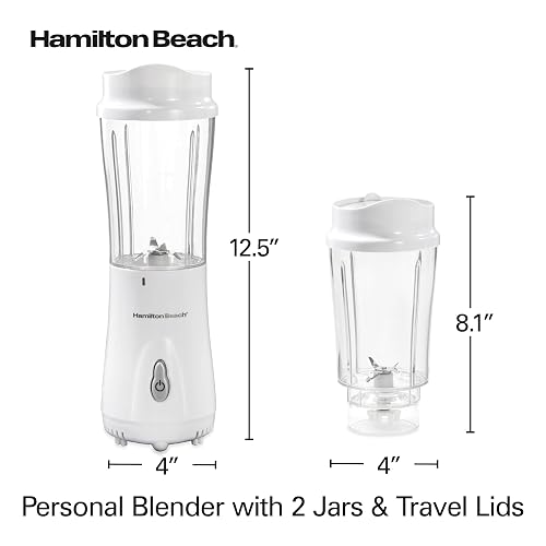 Hamilton Beach Batidora Portátil Personal | Blanco, 2 frascos, 14 oz sin BPA, cuchillas de acero inoxidable, frasco convertido en taza de viaje, cable de 24 pulgadas