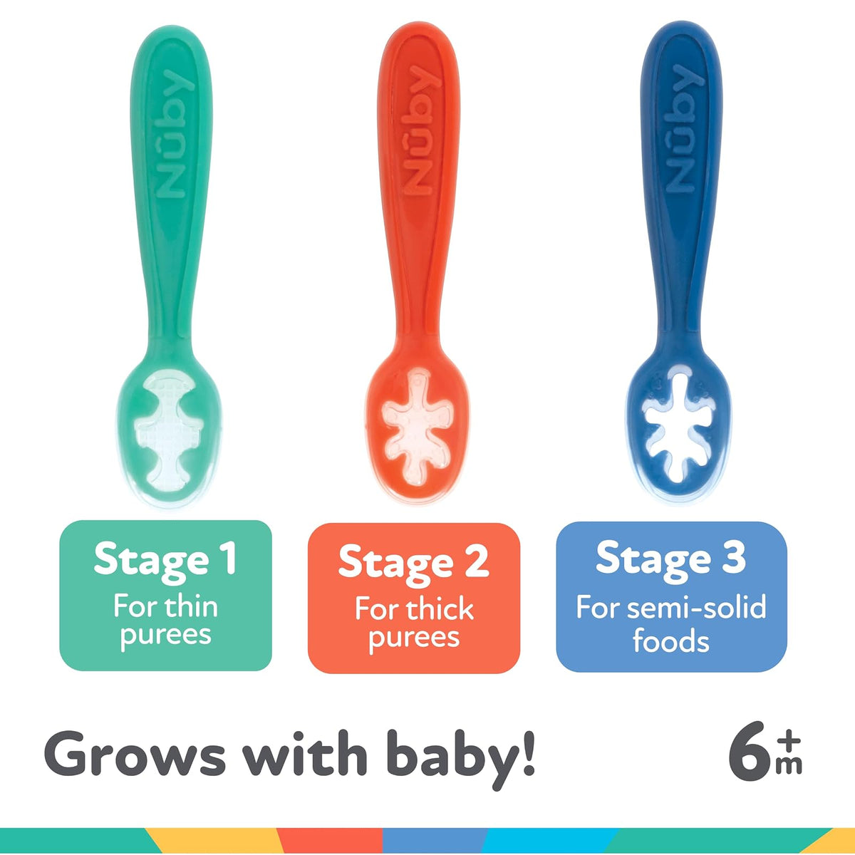 Nuby - Juego de cucharas para bebé (silicona, fácil de agarrar y sostener, 3 paquetes, 6 más meses)