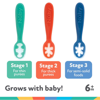 Nuby - Juego de cucharas para bebé (silicona, fácil de agarrar y sostener, 3 paquetes, 6 más meses)