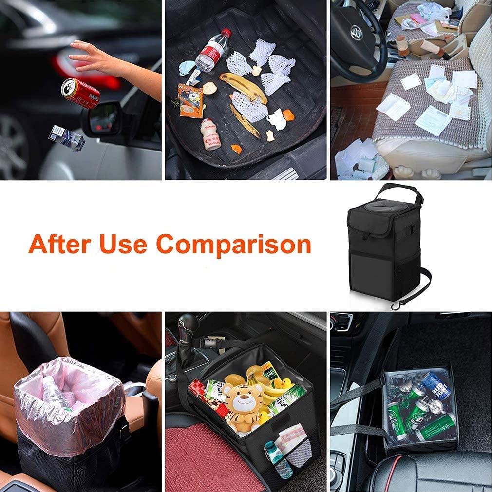 Kartisen - Papelera para automóvil con tapa y bolsillos de almacenamiento, 100% a prueba de fugas, impermeable, cubo de basura multiusos para automóvil