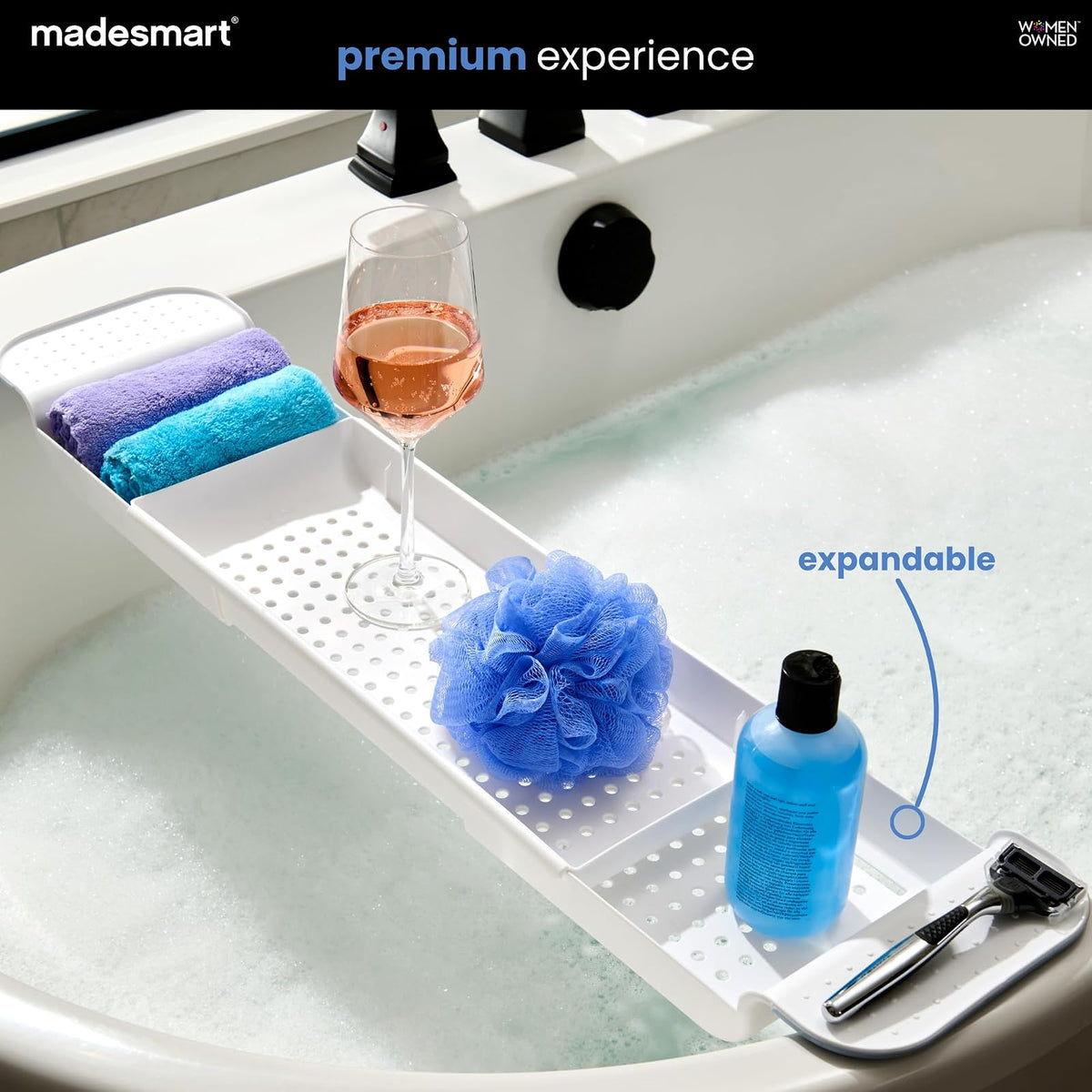 madesmart - Bandeja de baño expandible para bañeras, Ducha de plástico y Estante de baño, Blanco, Organizador de baño Multifuncional para Tina, Color Blanco