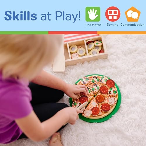 Melissa & Doug Alimentos de Juguete para Fiesta de Pizza, Juego de Imitación de Hacer Pizza, Juguete de Madera Pestañas Autoadhesivas, Más de 30 Piezas