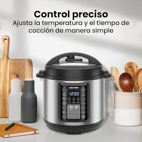 Chefman Olla a Presión Multifuncional de 7.5 Litros, Olla Eléctrica de Acero Inoxidable de 1200W, 14 Funciones Preestablecidas con Panel Digital, Incluye Accesorios