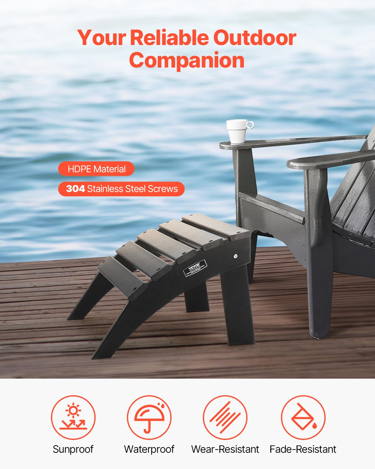 VEVOR Reposapiés Adirondack Plegable de Plástico HDPE de 475 x 500 x 330 mm, Reposapiés Adirondack Resistente a la Intemperie para Silla Adirondack para Porches Exteriores, Césped, Patios, Negro