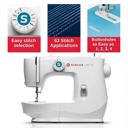 SINGER M2100 - Máquina de coser ligera y compacta con 63 aplicaciones de puntadas, luz LED y ojal fácil de 4 pasos, ideal para reparar y coser