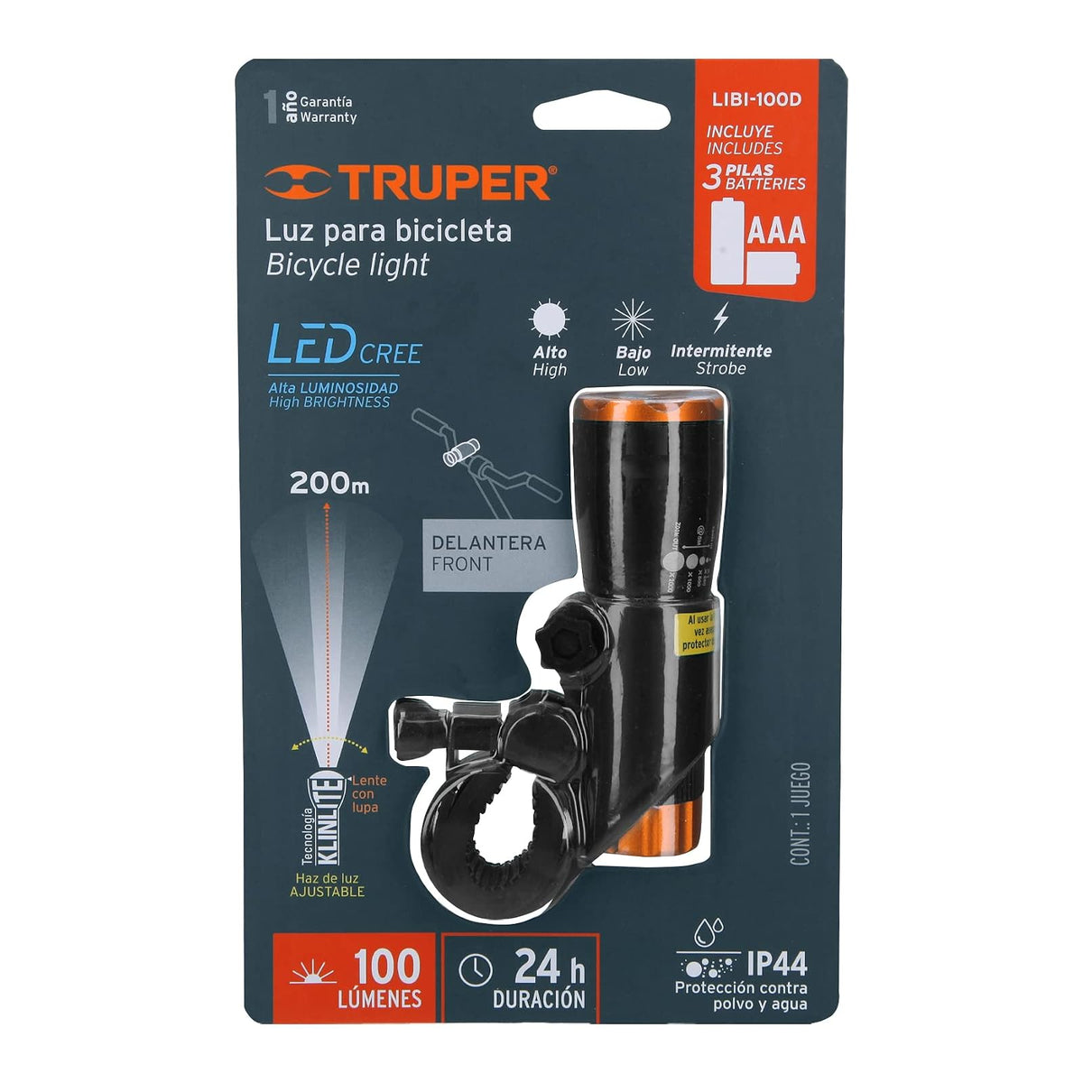 Truper LIBI-100D, Linterna para bicicleta, 100 lúmenes, delantera