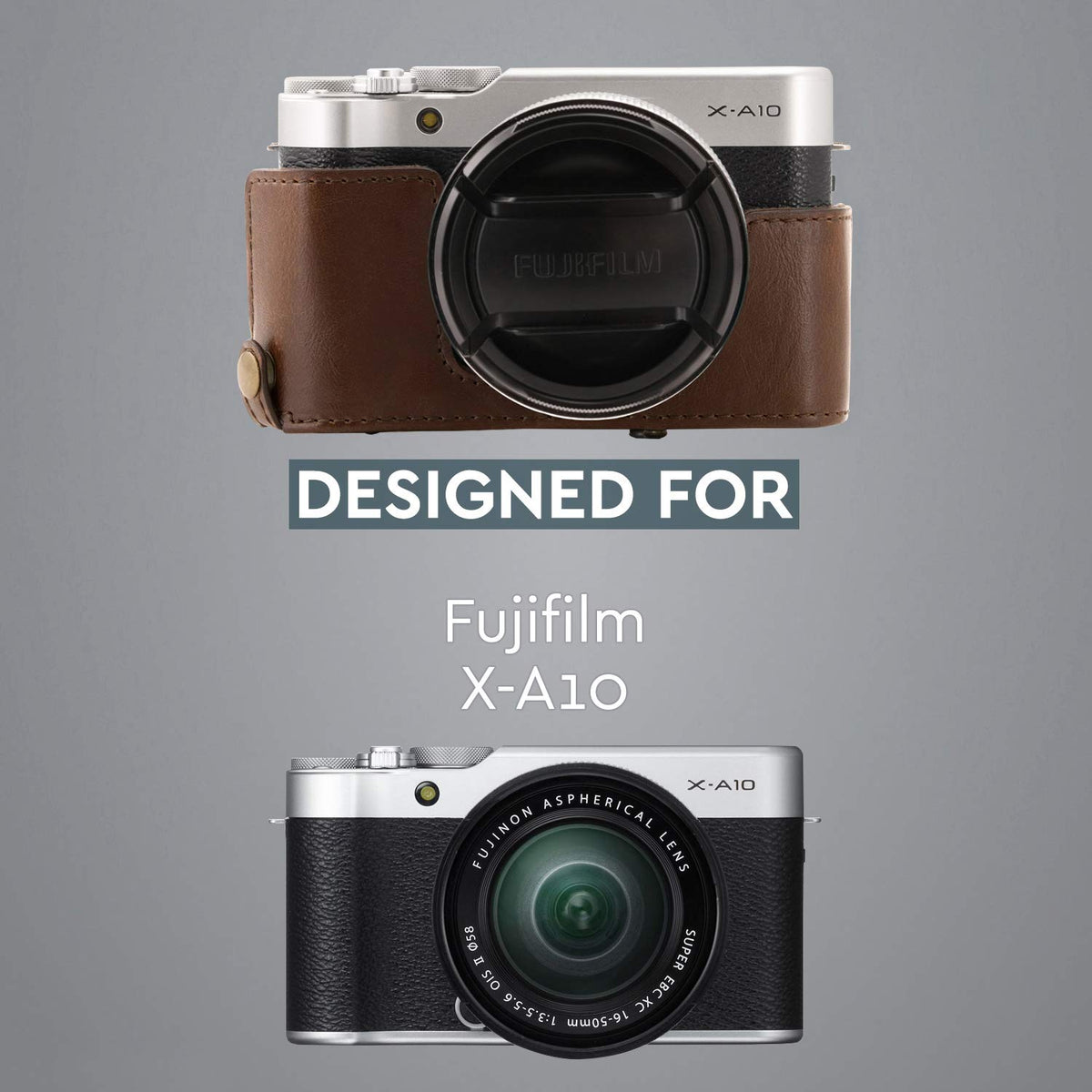MegaGear MG1002 Estuche Ever Ready, Funda de cuero, de pronto uso, con correa compatible con Fujifilm X-A10 - Marron Oscuro