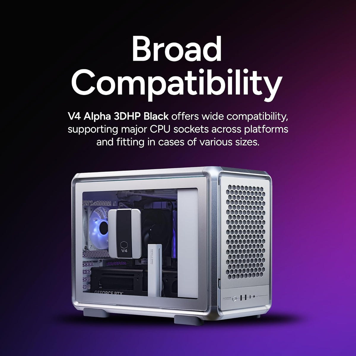 Cooler Master V4 Alpha 3DHP Ventilador de CPU Negro, Tecnología de Tubo de Calor Alpha 3DHP, Ventiladores Duales Mobius 120 PWM, Operación Silenciosa, Fácil Instalación, AMD Ryzen 9 AM5|4, Intel Ultra