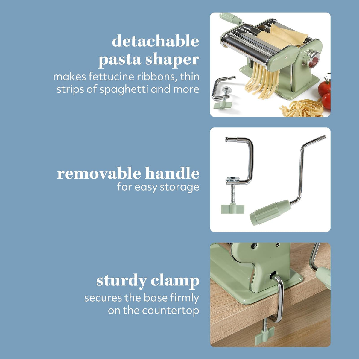 Sur La Table Kitchen Essential Va Bene - Máquina manual para hacer pasta de fideos con rodillos y cortadores, espaguetis, fettuccini, lasaña o bola de masa hervida, acero inoxidable/verde enebro