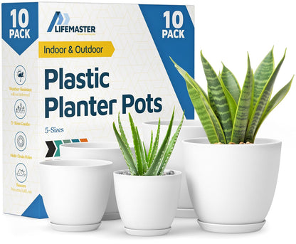 Lifemaster Eco Friendly Plant Pot Set - 10-Pack Home Decor Flower Indoor and Outdoor Plastic Pots with Drainage Holes, Assorted Sizes (7", 6.6", 6", 5.3", 4.8") - Stackable Garden Versatile Planters