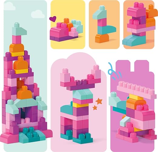 MEGA BLOKS, Bloques de Construcción de Plástico, Gran Bolsa Rosa para Construir, Juguete para Niños, Material Didáctico, Edad 1 año en Adelante